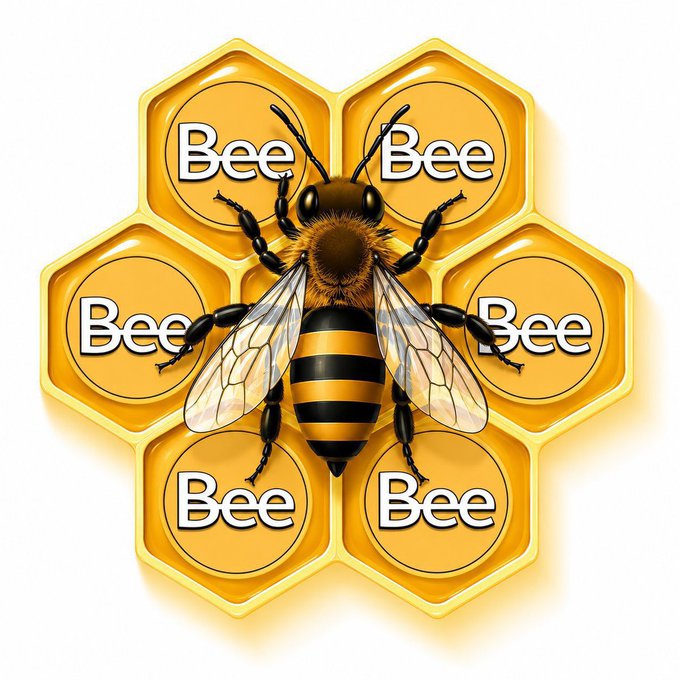 A digital illustration featuring a honeybee centered over a golden honeycomb pattern, with the word "Bee" displayed inside each of the six hexagonal cells, reinforcing the branding for the Bee Network P2P launch announcement.