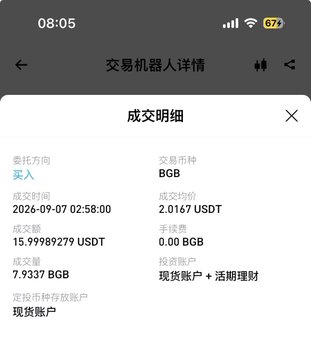 A mobile app screenshot showing trading bot details (交易机器人详情) with a buy order for BGB at 2.0167 USDT, executed on 2026-09-07, with 67% battery shown.
