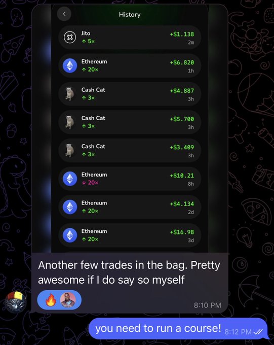A Telegram-style trading history screenshot shows profits from Jito, Ethereum, and Cash Cat trades, with a message 'Another few trades in the bag. Pretty awesome if I do so myself' followed by a reply 'you need to run a course!'
