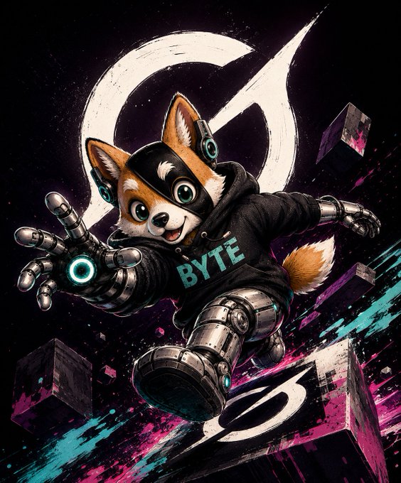 A stylized digital illustration of an anthropomorphic fox character in a black hoodie labeled 'BYTE' with mechanical/robotic arms and legs, posed dynamically against a dark background with a large stylized 'B' logo.