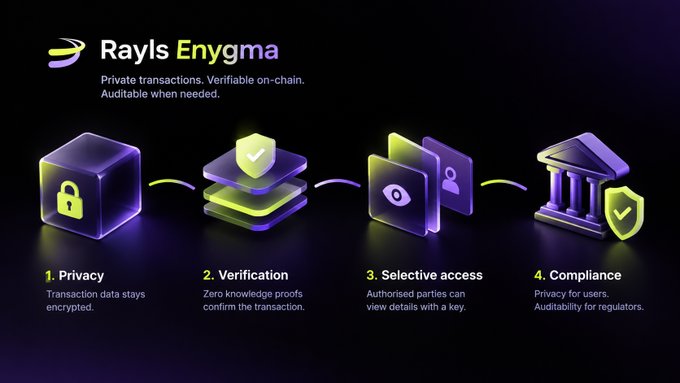 A promotional graphic for 'Rayls Enygma' explaining their privacy-focused blockchain technology with four pillars: Privacy, Verification, Selective access, and Compliance.