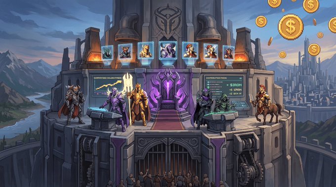 A majestic fortress throne room displays seven legendary hero NFT cards above a golden-armored lord flanked by armored figures, with data panels showing charts and a "$1RDH" ticker, while massive gold coins rain down over a futuristic cityscape—visually embodying the post's message about hand-crafted 1/1 Iron Lord NFTs on Ethereum that grant holders elite network control rather than mere profile pictures.