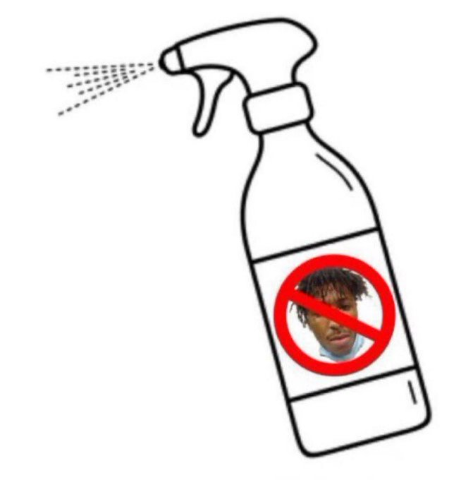 A line drawing of a spray bottle with a label featuring a photograph of a young person crossed out with a red prohibition symbol.