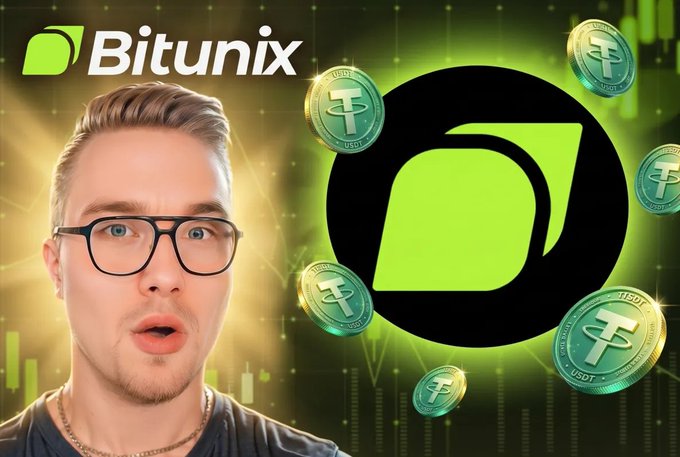 The image features a man wearing glasses, likely sitting down or standing at a desk, with him positioned right in front of a poster that says "ATTENTION $XRP & CRYPTO TRADERS Bitunix". The poster includes images of coins, and there is an exclamation mark above it. It seems like someone made this image as part of the post about Bitunix trading rewards for new users or promoting some kind of cryptocurrency.