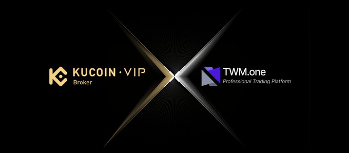 A sleek partnership announcement graphic on a black background features two logos separated by a glowing golden X-shape, with "KUCOIN·VIP Broker" in gold on the left and "TWM.one Professional Trading Platform" in purple and white on the right, visually symbolizing the collaboration between KuCoin and TWM.one.