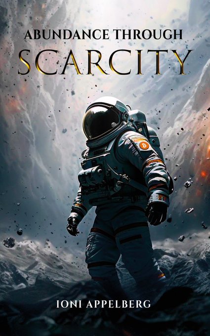 The image features an astronaut walking through space, wearing a spacesuit. The title of the image reads "Abundance Through Scarcity" with a subtitle below that says "Humanity may be fragile in ways we cannot dream, so we cast our net wide and then wider... Bitcoin is permissive of humanity's journey ahead!".