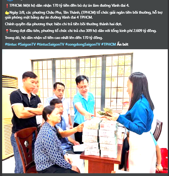 A Vietnamese news post from TintucSaigonTV about a Ho Chi Minh City delegation receiving nearly 170 billion VND from citizens and businesses for the Ring Road 4 project, with a photo of officials exchanging cash.