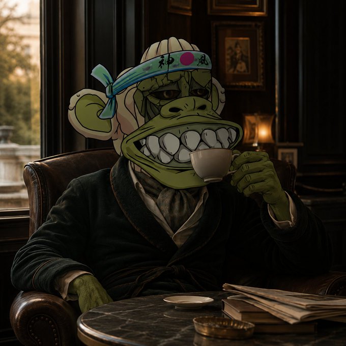 An animated green monkey-like character with a blue headband sits in a leather armchair in a dimly lit room, holding a teacup with a wide, toothy grin.