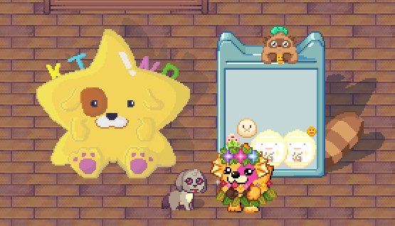 A pixel-art game scene featuring a large yellow star-shaped puppy on a brick floor alongside a mirror, a raccoon, a flower-crowned cat, and a poop-with-bow emoji decoration.