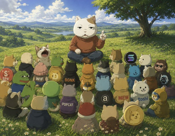 An illustrated scene shows a cat character sitting cross-legged and giving a peace sign to a circle of various meme coin mascots in a grassy field, with the word 'toshi' visible on one character's shirt.