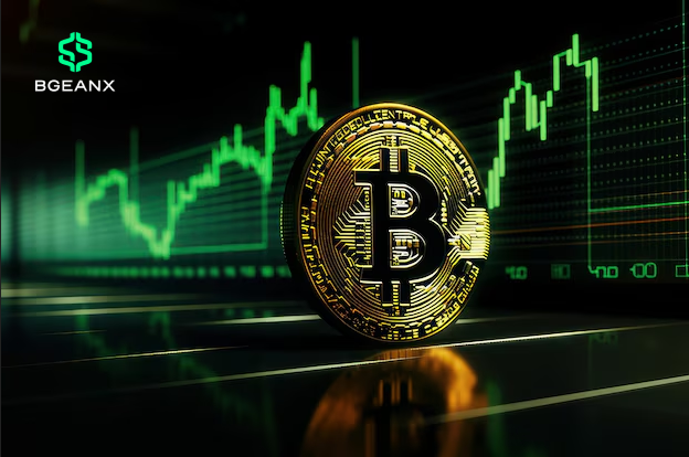 A golden Bitcoin coin stands prominently against a backdrop of green candlestick price charts, with the "BGEANX" logo displayed in the upper left corner. The image visually reinforces the post's message about BGEANX Exchange's perspective on achieving long-term stable profitability through systematic trading strategies in the cryptocurrency market.