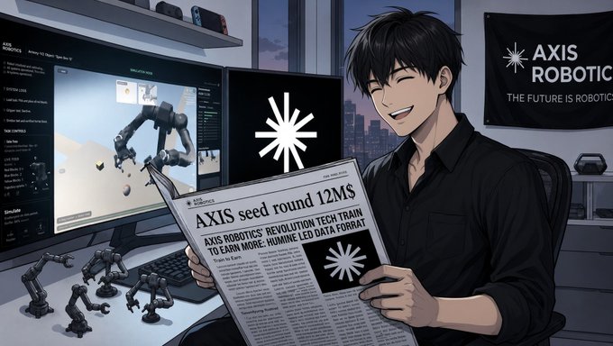 An anime character smiles while reading a newspaper headline 'AXIS seed round 12MS' about AXIS Robotics' tech training, with an 'AXIS ROBOTICS - THE FUTURE IS ROBOTICS' banner visible in the background.