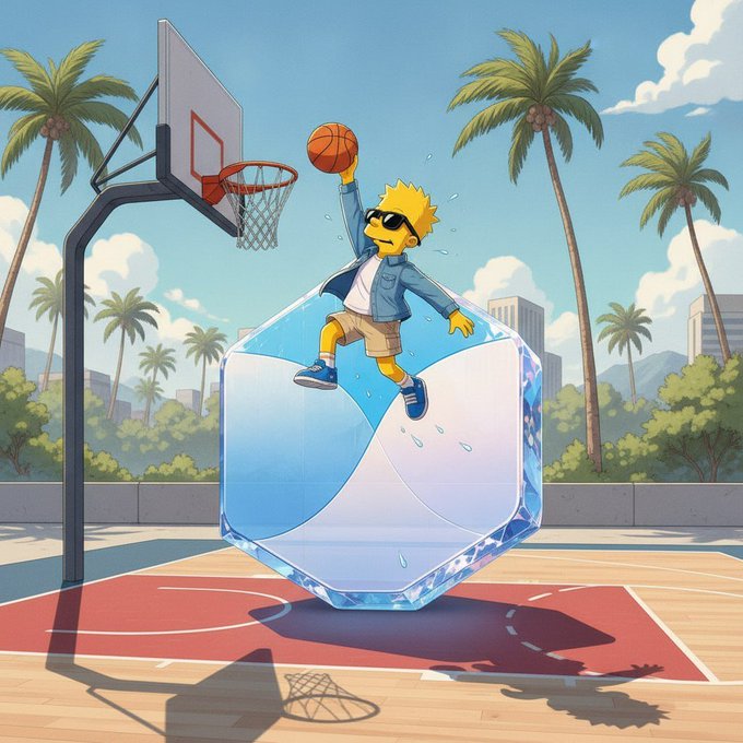 An anime-style illustration showing Lisa Simpson wearing sunglasses and a blue jacket, jumping with a basketball on top of a large blue ice cube on a palm-tree-lined outdoor basketball court.