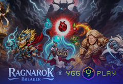 The image features a poster for "Ragnarok Breaker" game that includes illustrations of various characters from Norse mythology. The poster also displays the game's name, "Ragnarok Breaker", along with its rating and platform compatibility. The text on the poster encourages players to try out the game by adding it to their home screens or sharing it with friends who enjoy gaming.