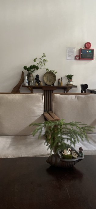 A living room scene featuring a beige sofa with a small bonsai-like plant arrangement on a coffee table in the foreground, and a decorative wooden console table displaying vases, figurines, and plants against the wall.