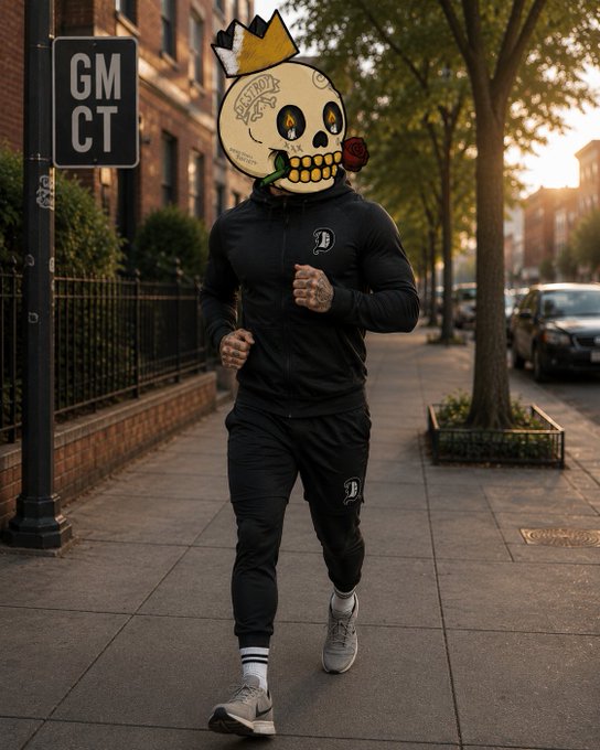 A person in black athletic wear runs down a city sidewalk, their head obscured by a decorative sugar skull with a yellow crown.