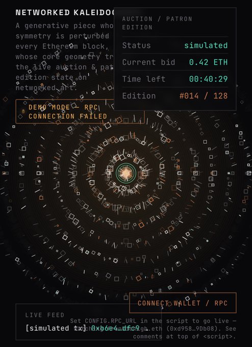 A digital art interface for a generative piece called 'Networked Kaleidoscope,' showing an auction panel with a current bid of 0.42 ETH, a time left of 00:40:29, and edition #014/128, with a 'Connection Failed' warning.
