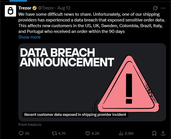 A screenshot of a X (Twitter) post by @Trezor dated Aug 13 announcing a 'DATA BREACH' from a shipping provider affecting customers in the US, UK, Sweden, Colombia, Brazil, Italy, and Portugal, featuring a pink warning triangle graphic.