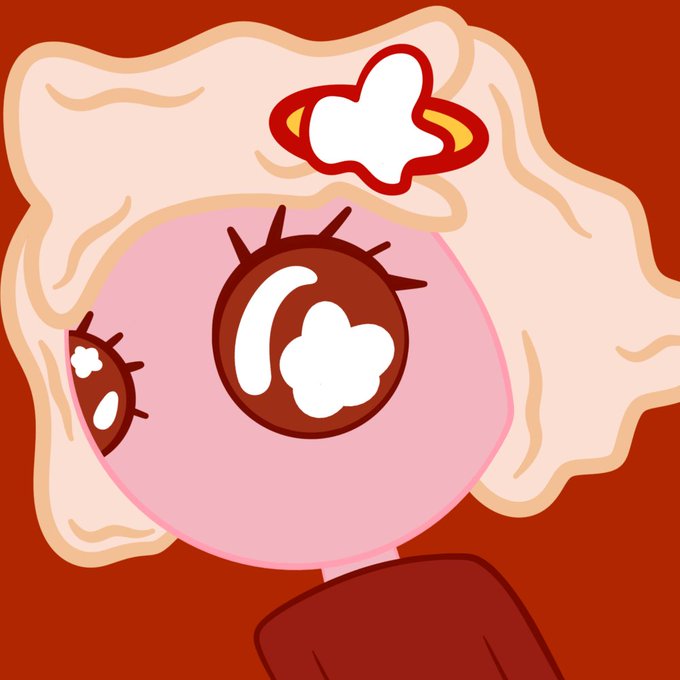 An illustrated character with large pink eyes, eyelashes, and a cream-colored hat or hair accessory against a red background.