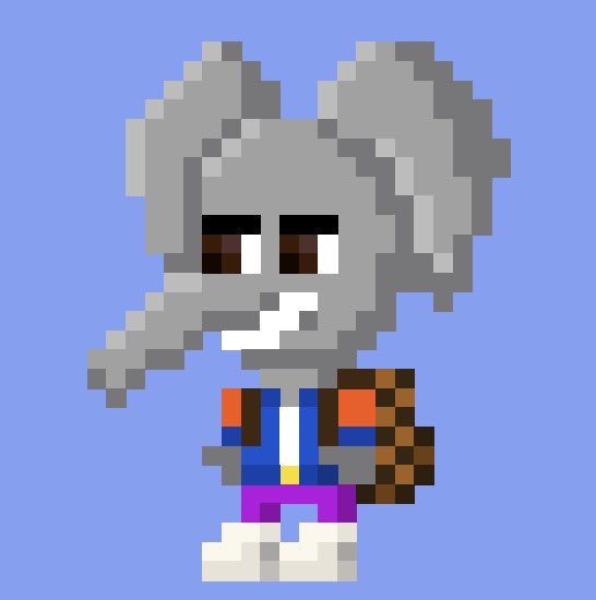 A pixel art character depicting a gray elephant-like girl with pigtails wearing an orange and blue outfit, carrying a brown bag.
