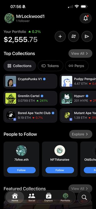 A mobile screenshot of an NFT portfolio app for user 'MrLockwood1' showing a portfolio value of $2,555.75 and featuring top collections like CryptoPunks V1, Pudgy Penguins, Gremlin Cartel, Hypurr, Bored Ape Yacht Club, and Mutant Ape.