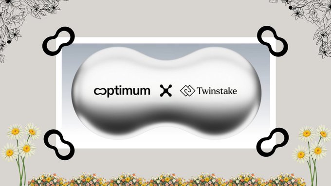 Promotional graphic showing a partnership between 'coptimum' and 'TwInstake' logos centered in a metallic pill shape, surrounded by floral decorations and chain links.