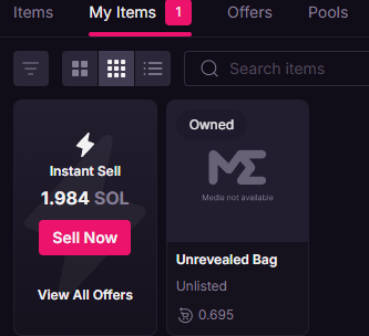 A dark-themed app interface showing 'My Items' tab with an 'Instant Sell' option at 1.984 SOL, a 'Sell Now' button, and an 'Owned' unrevealed bag listed at 0.695 SOL.