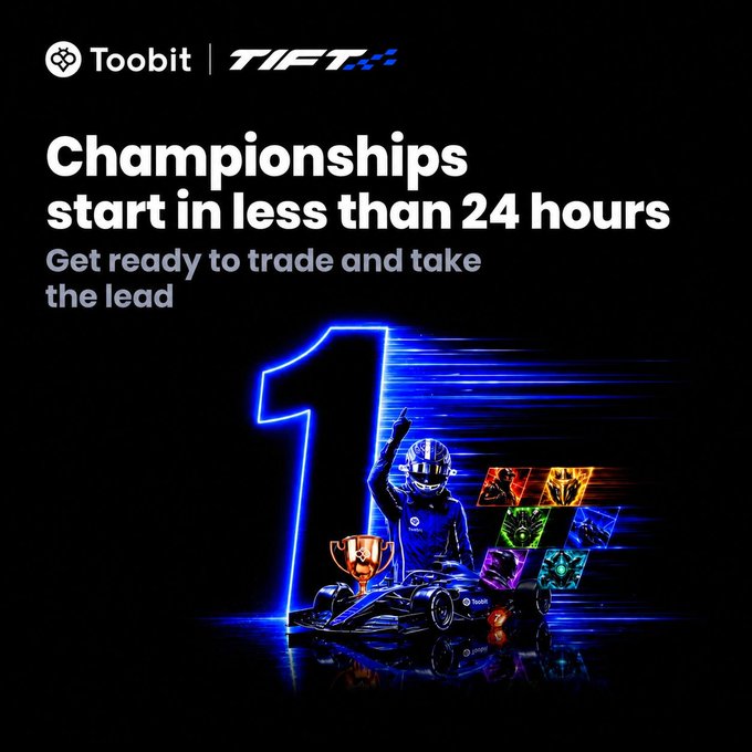 A promotional graphic by Toobit announces that the TIFT championships begin in less than 24 hours, featuring a racing driver in a helmet pointing upward next to a glowing blue "1" and a formula-style race car, visually reinforcing the "race" theme of the upcoming team and solo trading competitions with a combined prize pool of 2.1M USDT.