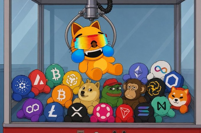 The image features a cartoon cat wearing sunglasses, holding up a claw machine with various colored balls inside of it. The caption reads "I choose $MOG", which could be interpreted as the cat's selection or choice from the different colored balls available in the claw machine.