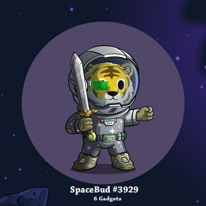 A cartoon illustration of a tiger character wearing a silver astronaut suit and helmet with a green visor, holding a sword, labeled 'SpaceBud #3929' and '6 Gadgets' against a purple space background.