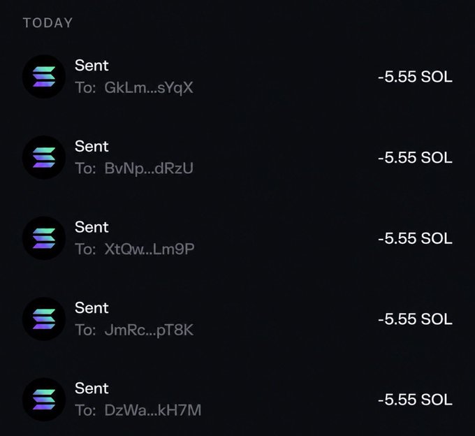 A transaction history showing five recent outgoing transfers, each labeled "Sent" to different truncated Solana addresses (GkLm...sYqX, BvNp...dRzU, XtQw...Lm9P, JmRc...pT8K, and DzWa...kH7M), with each transaction costing -5.55 SOL. The image illustrates the "airdrop season" post by showing the cost of distributing SOL to multiple recipients as part of what appears to be a giveaway.