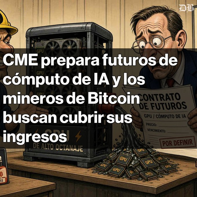 A Spanish-language illustration depicts a cartoon miner and a worried businessman holding a 'CONTRATO DE FUTUROS' document, with text reading 'CME prepara futuros de cómputo de IA y los mineros de Bitcoin buscan cubrir sus ingresos'.