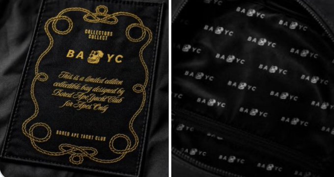 Gold embroidered BAPE label reading 'COLLECTORS COLLECT' and 'BAYC' on a black bag, alongside a view of the BAYC logo repeated as a pattern on the interior lining.