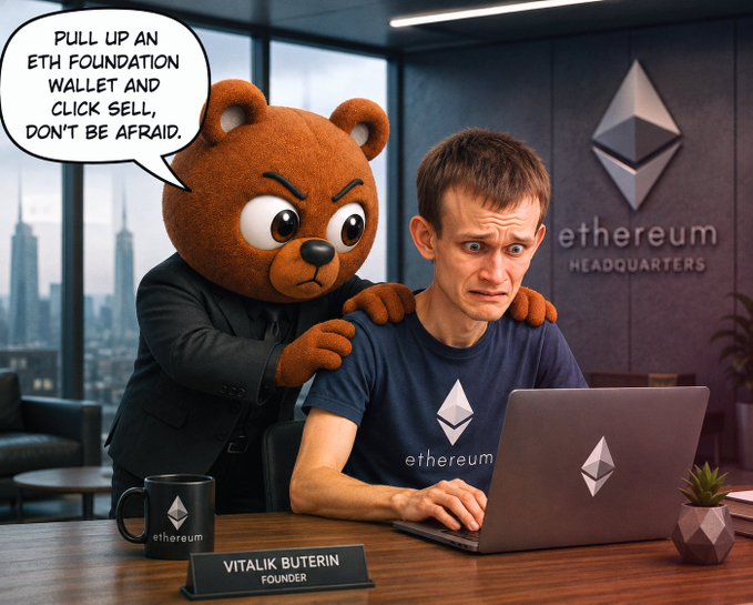 A cartoon-style illustration depicting a person in a bear mascot costume whispering "PULL UP AN ETH FOUNDATION WALLET AND CLICK SELL, DON'T BE AFRAID" to a worried-looking Vitalik Buterin (labeled on a nameplate) at a desk with an Ethereum-branded laptop in an "ethereum HEADQUARTERS" office.