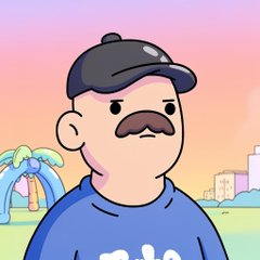 A cartoon-style illustration of a man with a mustache wearing a black cap and a blue shirt. The character has a simple, cute design with a colorful background.