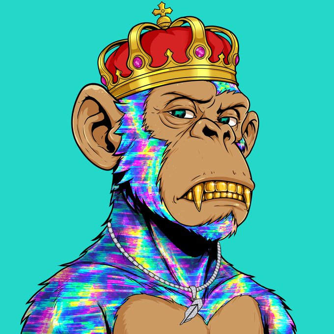 A holographic Bored Ape NFT character wearing a red and gold crown with jewels and a diamond necklace. The image ties to the post by showcasing one of the "Suited Apes" NFT characters, supporting the bullish prediction about the collection.