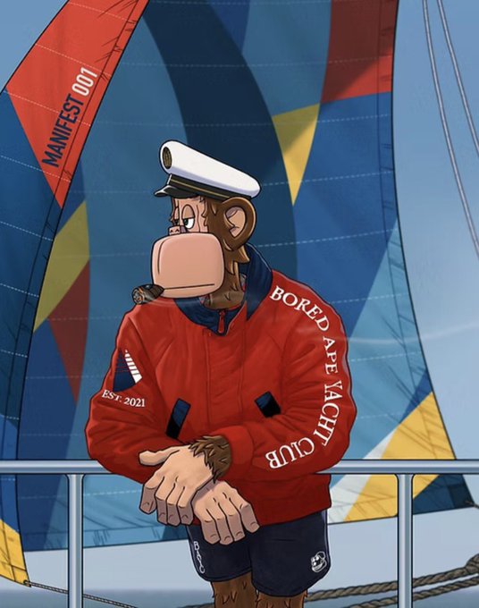 An animated Bored Ape character wearing a red "Bored Ape Yacht Club" jacket stands in front of a colorful sail featuring the text "MANIFEST 001." The image illustrates the brand's transition toward apparel and "yacht club" lifestyle themes as mentioned in the accompanying post.