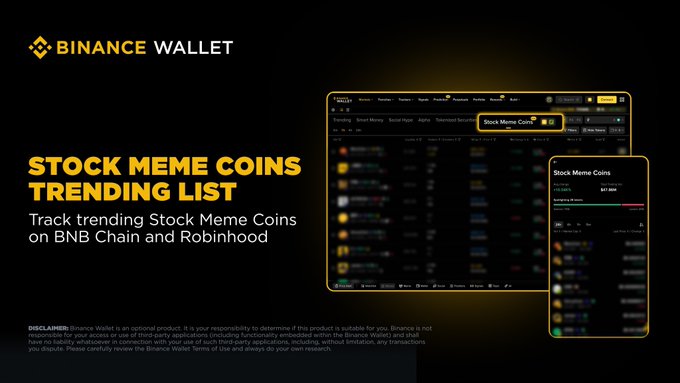 A Binance Wallet promotional graphic titled "STOCK MEME COINS TRENDING LIST" features the Binance logo and showcases screenshots of the "Stock Meme Coins" tracking interface highlighting the ticker "SMC" at $67.0200, with text reading "Track trending Stock Meme Coins on BNB Chain and Robinhood," aligning with the post's mention of @BinanceWallet and the SMC ticker.