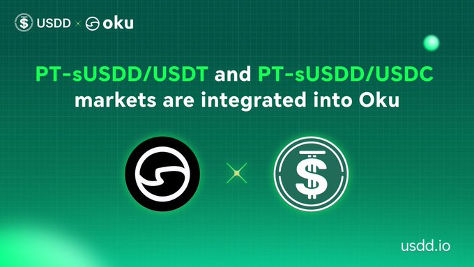 Promotional graphic announcing that PT-sUSDD/USDT and PT-sUSDD/USDC markets are integrated into Oku, featuring the USDD and Oku logos on a green gradient background.