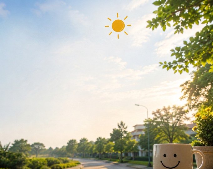 The image features a cup of coffee sitting next to a tree with a smiling face drawn on its side. The sun is shining brightly above them, creating a warm and inviting atmosphere. In the background, there are houses visible through the trees, suggesting that this scene takes place in a residential area. The post appears to be promoting an AI technology called @quipnetwork, which focuses on transparency and user control over information flow.