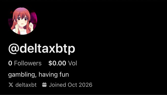 A profile card for @deltaxbtp displaying 0 followers, $0.00 volume, and the bio "gambling, having fun," with a joined date of October 2026. The image accompanies a post announcing a sponsorship with Phantom wallet, where the user plans to fund a 10k wallet to gamble on perps and spot memes on Solana.