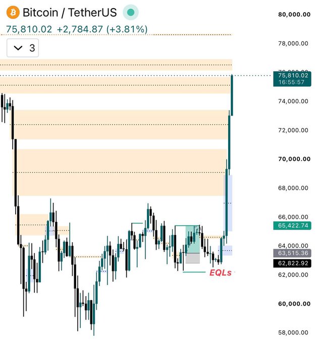 A Bitcoin/TetherUS trading chart showing a recent price of 75,810.02 (+3.81%), with various support zones highlighted and an annotation labeled 'EQLs' near a candlestick pattern.