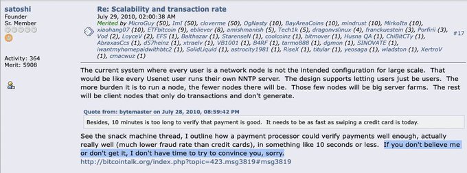 Screenshot of a Bitcoin forum thread titled 'Re: Scalability and transaction rate' started by 'satoshi', discussing transaction verification times and citing the SN ack machine thread.