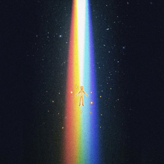 A small glowing humanoid figure stands illuminated within a vertical beam of rainbow light set against a dark starry cosmic background.