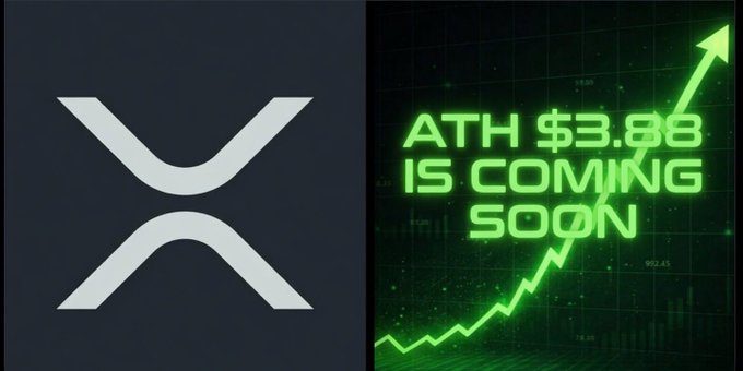 The image features a poster with two logos, one being an XRP logo and the other showing a green upward-pointing arrow. The XRP logo has a white "X" and the word "ATH" written below it, while the upward-pointing arrow is pointing to the right side of the poster. The text on the poster reads: "I will never sell my $XRP for anything. XRP is about to print the biggest GREEN candle of your life. ATH can happen in weeks. Only the patience will become Millionaire".