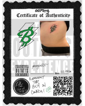 A novelty '007 Outatime Experience Certificate of Authenticity' styled like an official document, commemorating a 'Rebel heart' tattoo with a green B-style logo and date of 02.02.02.