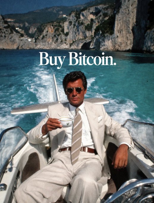 A man in a cream suit and sunglasses relaxes on a boat with a teacup in hand, with the text "Buy Bitcoin." overlaid on a scenic coastal backdrop. The image humorously pairs a lifestyle of leisure and wealth with the post's "Thank Me Later," implying that early Bitcoin investments will lead to a luxurious future worth being thanked for.