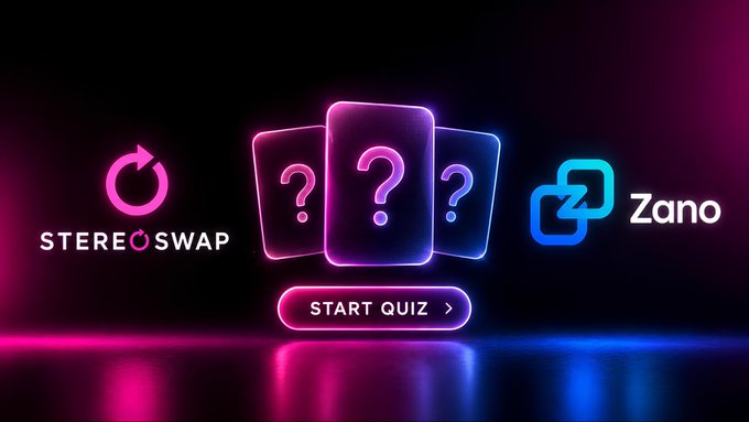 The image features three neon cards, each displaying a question about the companies listed below. The first card has a pink background and the words "Start Quiz" written in white text. The second card has a purple background with the words "Zano" written in white text. The third card is blue with the words "Stereo_swap" written in white text. Below each card, there's a question about the companies listed below: 
1. Stereo_swap - What does the word "stereo" mean? (definition)