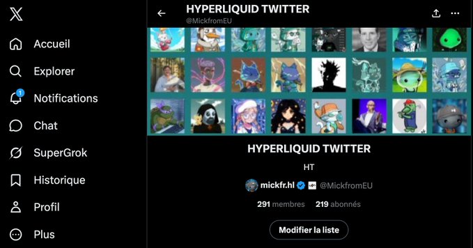 Screenshot of the X (Twitter) interface in French showing the 'HYPERLIQUID TWITTER' list curated by @MickfromEU, with 291 members and 219 abonnés, featuring various NFT profile pictures.