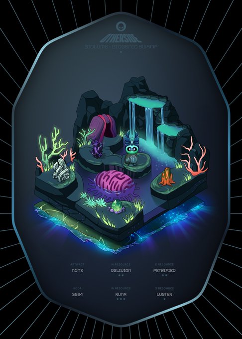 A digital artwork of an isometric, glowing bioluminescent aquatic diorama labeled 'BIOLUME - BIOLUMENIC SHRIMP', featuring a central shrimp character and labels for attributes, abilities, and resources.